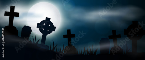 Night cemetery, crosses, tombstones and graves horizontal banner. Colorful scary Halloween illustration. Vector
