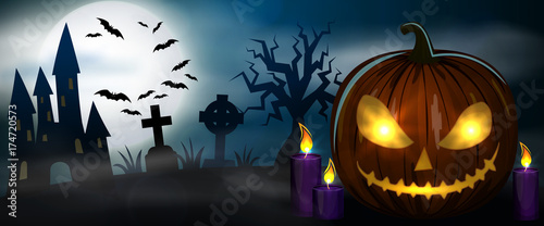 Night cemetery, crosses, tombstones and graves horizontal banner. Carved Halloween pumpkins. Colorful scary Halloween illustration. Vector