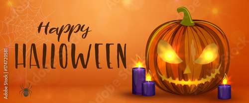 Carved Halloween pumpkins, horizontal banner. Colorful scary Halloween illustration. Vector