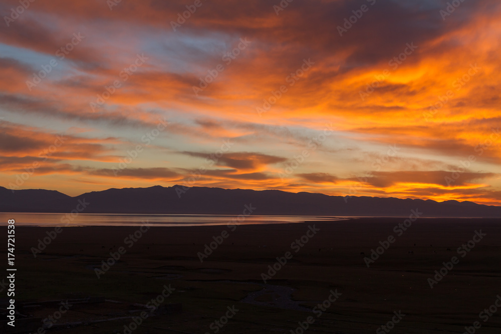 Sunset at Song Kul Lake in Kyrgyzstan