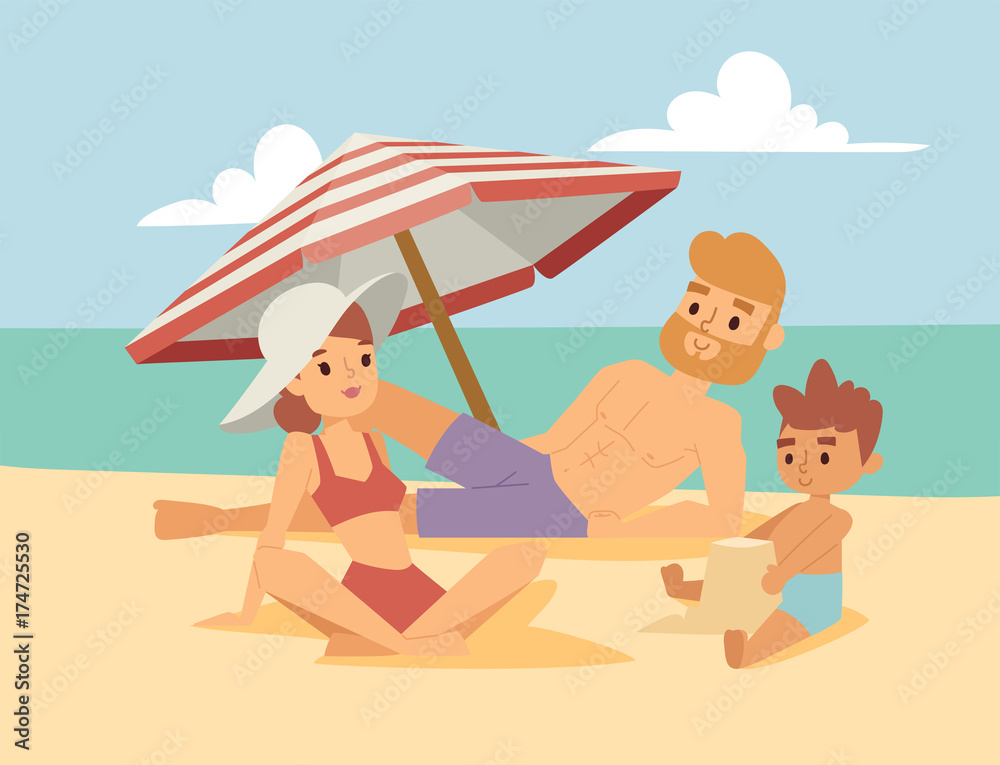 People on beach outdoors, summer lifestyle family fun vacation happy time cartoon characters vector illustration.