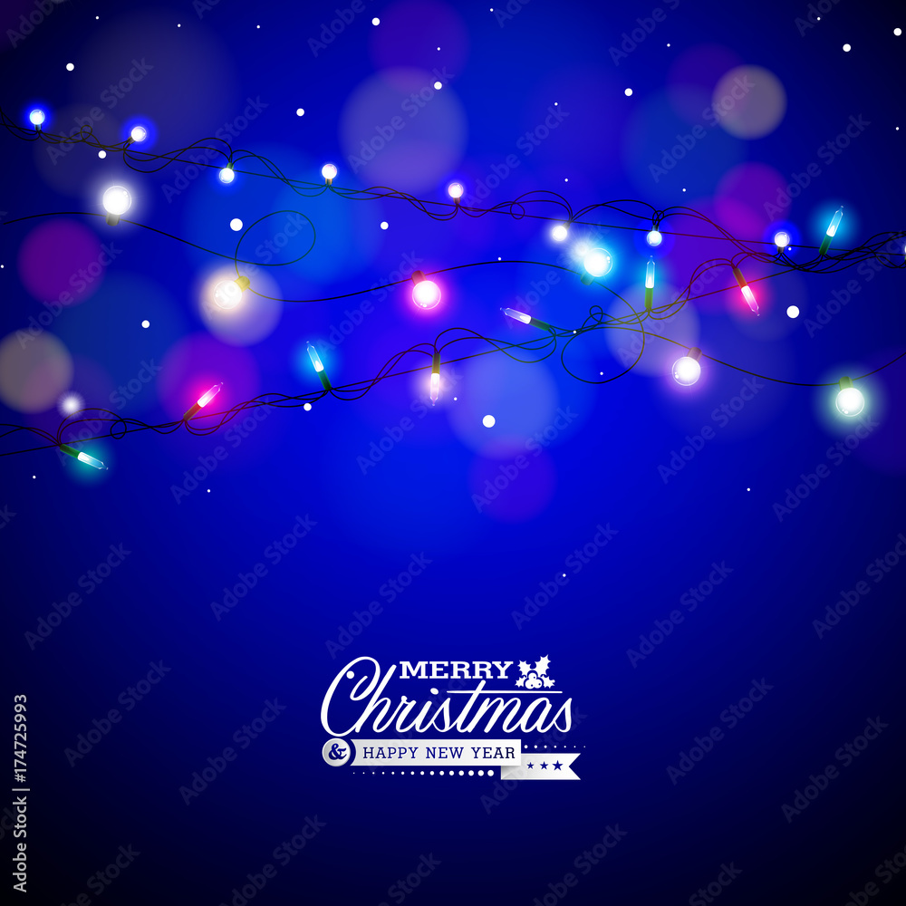Obraz premium Glowing Colorful Christmas Lights for Xmas Holiday and Happy New Year Greeting Cards Design on Shiny Blue Background.