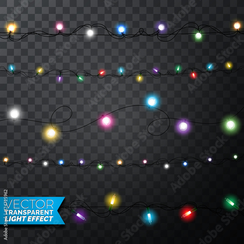 Glowing Christmas lights realistic isolated design elements on transparent background. Xmas garlands decorations for Holiday greeting card.