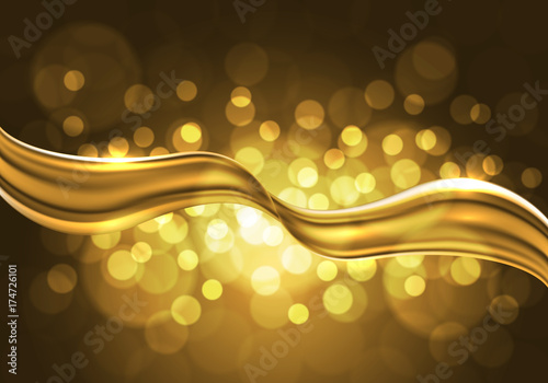 Abstract gold wave liquid on bokeh light design luxury background vector illustration.