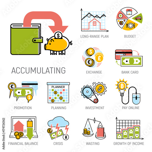 Banking money financial services set credit sign development finance accumulation bank investment management vector illustration.