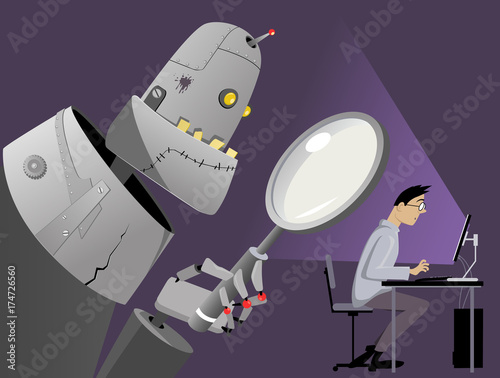 Giant robot with a magnifying glass standing  behind the back of a man, working on his computer, EPS 8 vector illustration, no transparencies