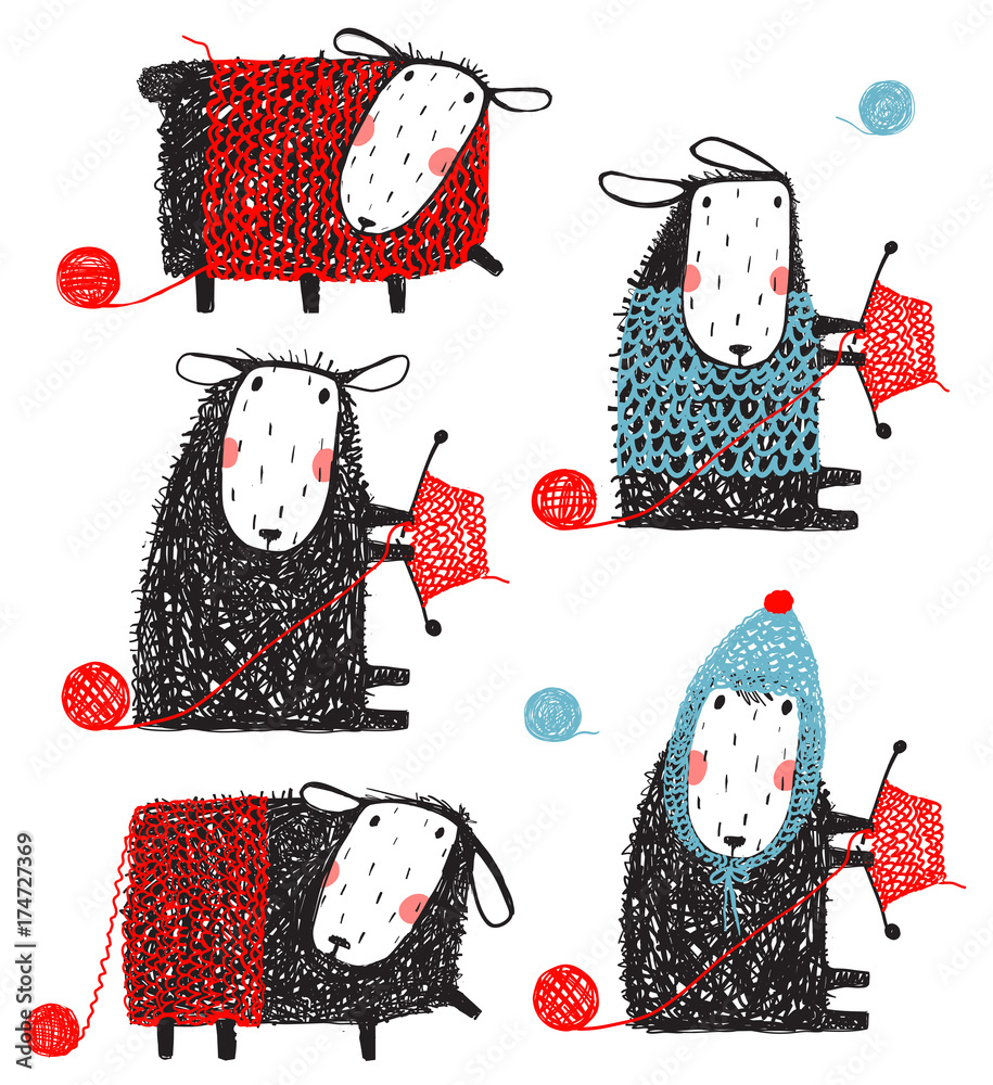 Fototapeta premium Knitting Crafty Sheep Scribble Cartoon Collection