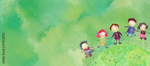 Obraz Szczęśliwe dzieci bacground. Akwarela na płótnie