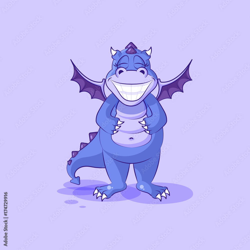 Vector Emoji character cartoon dragon dinosaur with a huge smile from ear to ear sticker emoticon