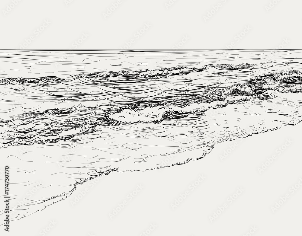 Obraz premium Szkic wektor lato seascape. Widok na morze i plażę
