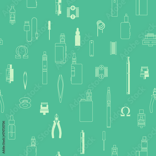 vape patterns of e cigarette icons set, e liquid, vape devices and tools, vaping seamless background. 