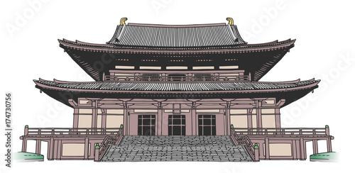 Isolated drawing of japanese style buddhist temple in color