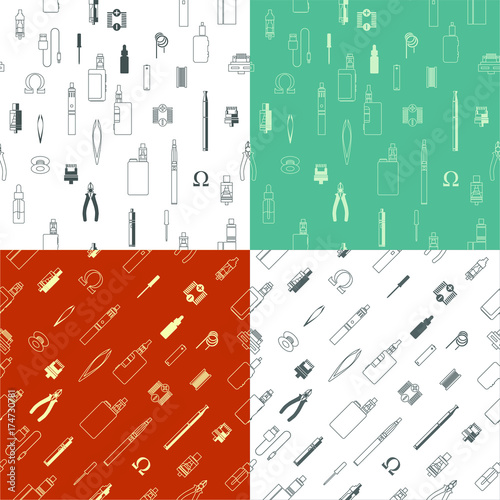 vape patterns of e cigarette icons set, e liquid, vape devices and tools, vaping seamless background. 