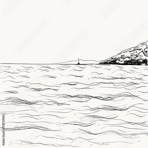Vector summer seascape sketch. Seaside view and mountain