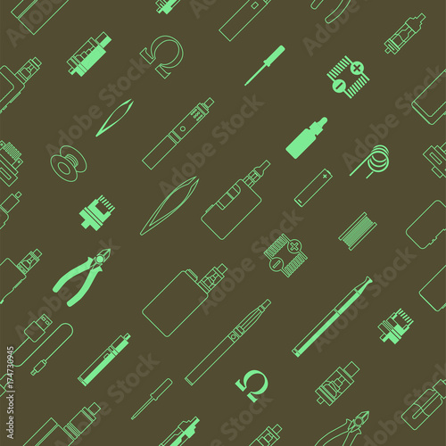 vape patterns of e cigarette icons set, e liquid, vape devices and tools, vaping seamless background. 