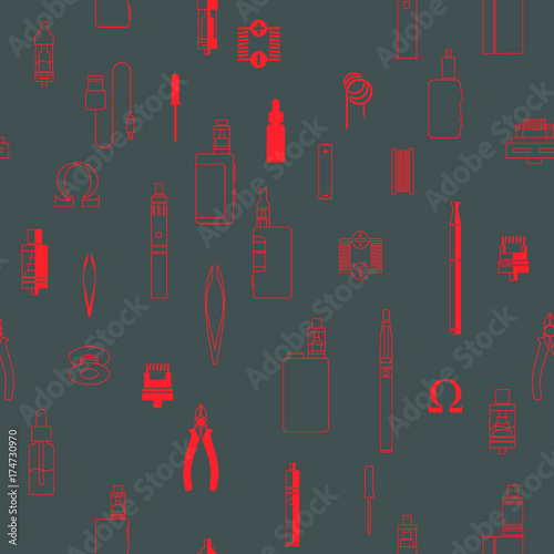 vape patterns of e cigarette icons set, e liquid, vape devices and tools, vaping seamless background. 