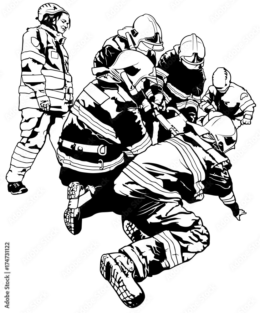 Firefighters and Rescuer in Action - Black and White Illustration, Vector
