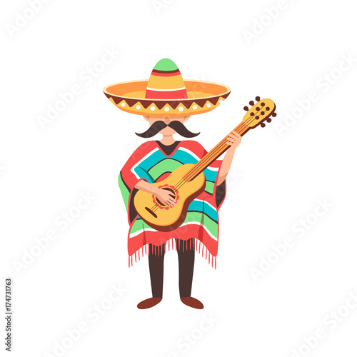 Mexican musician playing on guitar in sombrero and poncho. Mexican guy with mastaches in national costume isolated on white background.