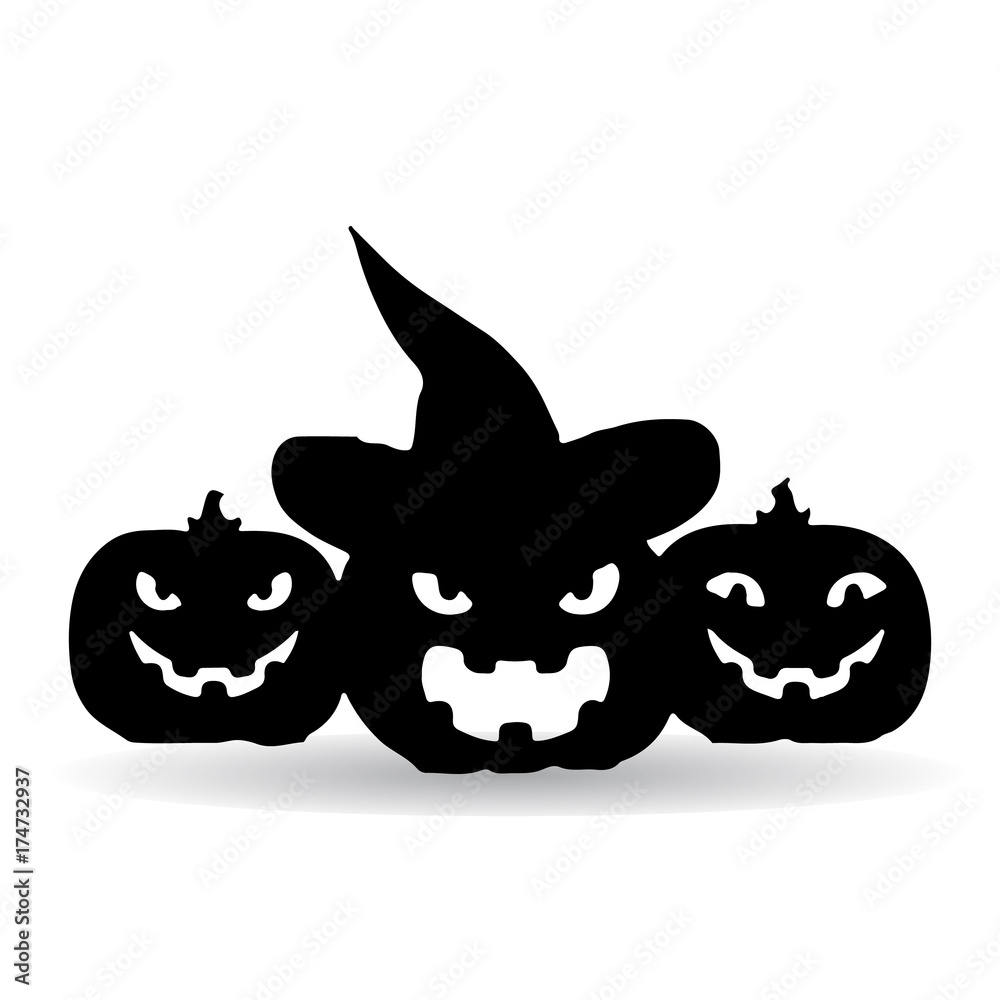 Fototapeta premium Holiday Halloween, three dark pumpkins, silhouette on white background.