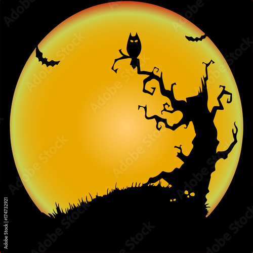 Holiday Halloween, the night of a terrible tree and an owl, illustration silhouette.