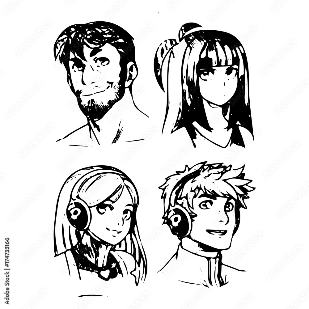 Four silhouette of a man and a girl (in headphones), a cartoon on a white background. Four silhouette of a man and a girl (in headphones), a cartoon on a white background.