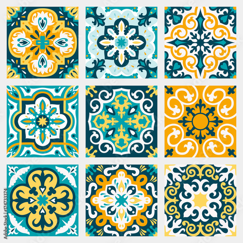 Set with Beautiful seamless ornamental tile background.