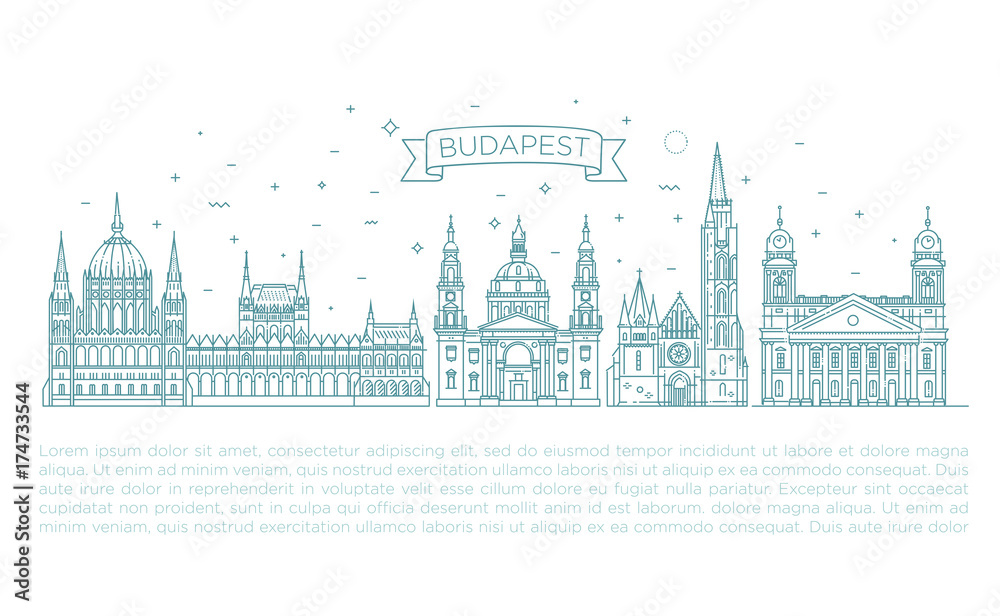 Hungarian travel landmark of historical buildings thin line icon set