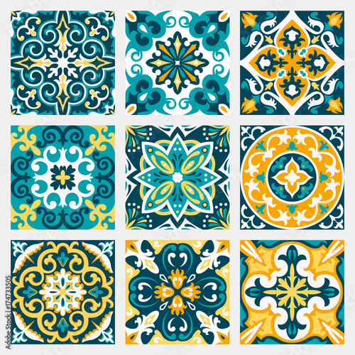 Set with Beautiful seamless ornamental tile background.