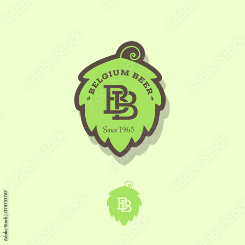 Belgian beer logo. Beer emblem as green hop with letters B.  