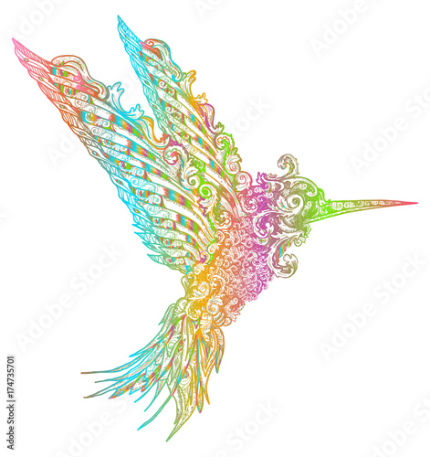 Humming bird tattoo and t-shirt design. Symbol of freedom, dream, travel, imagination. Beautiful flying humming in ethnic style, bird tattoo