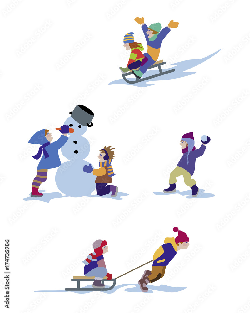 Vector illustration, cute kids playing winter games, cartoon concept, white background.
