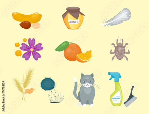 Allergy symbols disease healthcare food viruses health flat illness allergen symptoms disease information vector illustration.