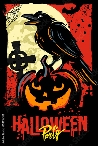 Halloween pumpkin with raven