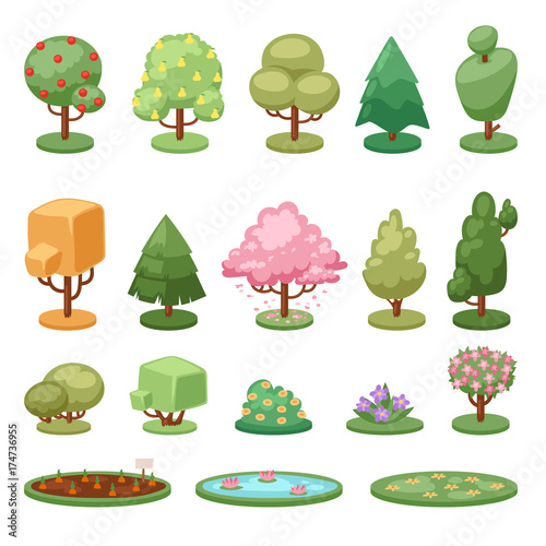 Different game green tree bush and ground isolated nature environment leaf plants vector illustration.