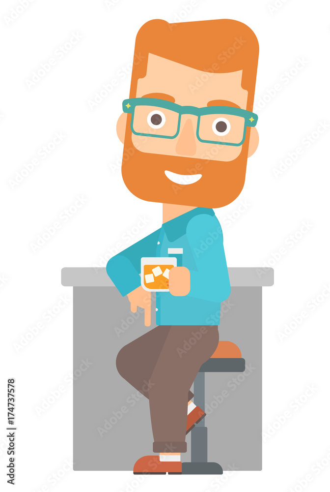 A hipster man with the beard sitting near the bar counter vector flat design illustration isolated on white background. 