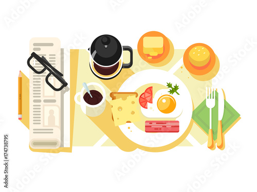 Breakfast fried eggs and coffee design flat
