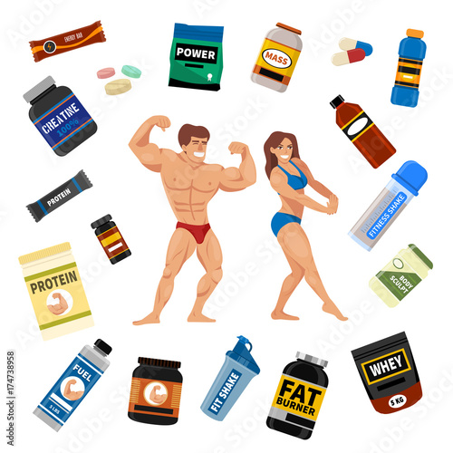 Bodybuilders gym athlete and sport food diet symbols fitness nutrition protein powder drink vector illustration.
