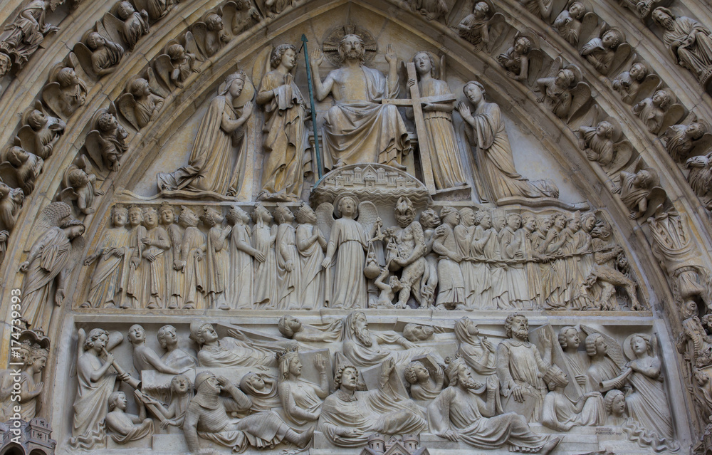 Notre Dame cathedral facade saint statues, Paris France