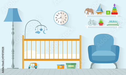 Children's room in flat style. Vector. Interior design of a nursery for a boy.