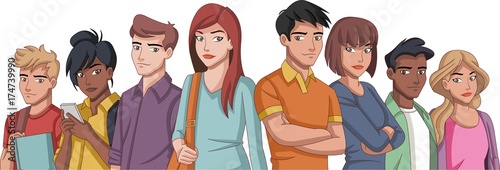 Group of cartoon young people. Teenagers.  