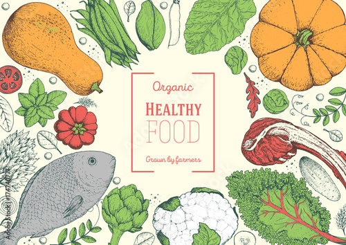 Healthy food frame vector illustration. Colorful vegetables, meat and fish hand drawn. Organic products set. Farm market food collection