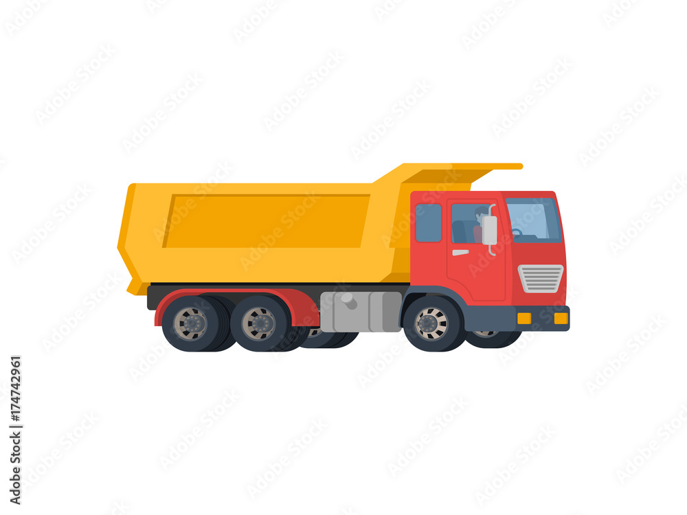 Yellow dump truck with red cabin isolated on white background