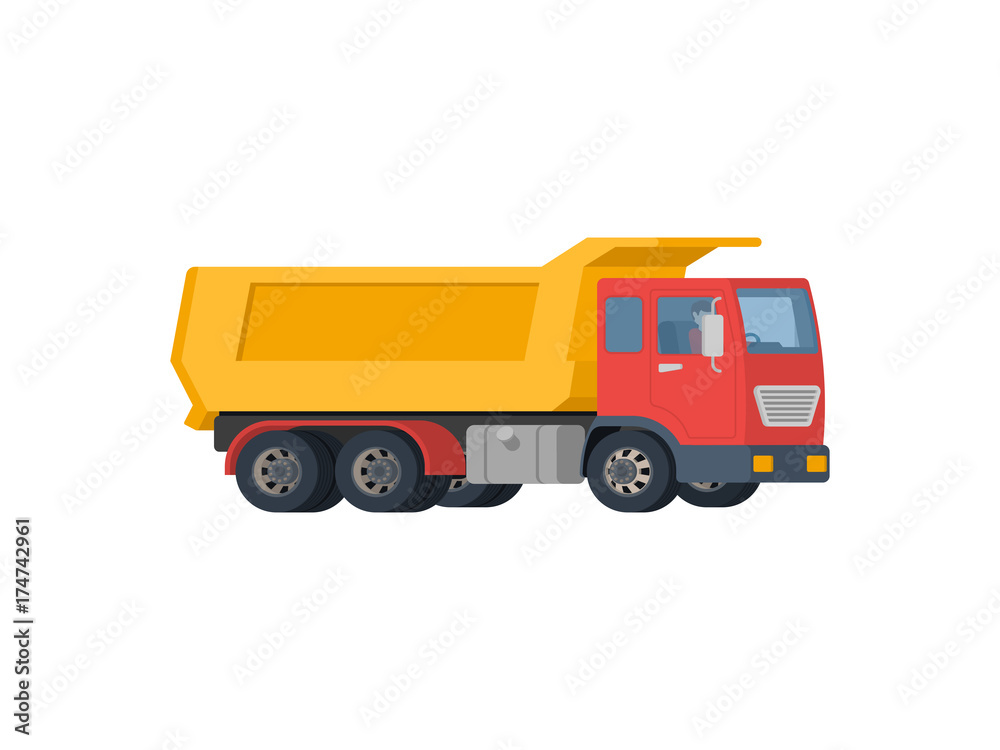 Yellow dump truck with red cabin isolated on white background Yellow dump truck with red cabin isolated on white background