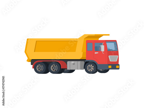Yellow dump truck with red cabin isolated on white background