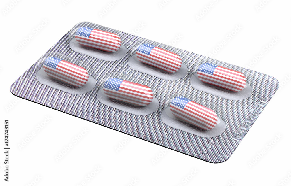 Fototapeta Pills with American flag in a blister pack