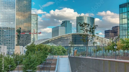Skyscrapers of La Defense timelapse modern business and financial district in Paris with highrise buildings photo