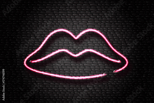 Vector realistic isolated neon erotic lips sign for decoration and covering on the wall background.
