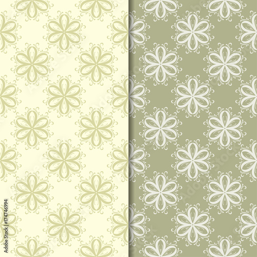 Olive green floral ornamental backgrounds. Set of seamless patterns