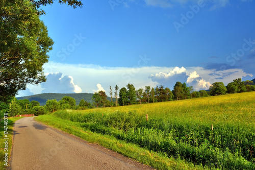  Country road in rural landscape of Beskid Niski, Poland,