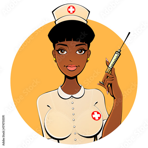 A sexy black nurse with a syringe for a shot. Avatar, icon. For adults.